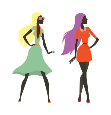 Two beautiful girls walking flat illustration.
