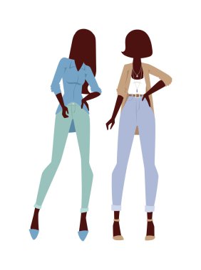 Saf güzellik iki kız renkli siluet düz vektör çizim moda görünüyor.