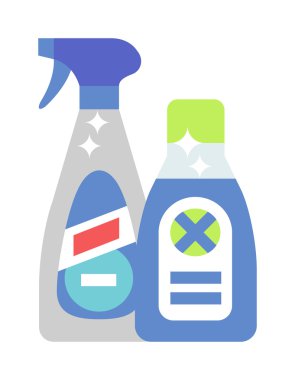 Cleaning product detergent plastic bottles and spray bottle isolated cartoon flat vector on white background.