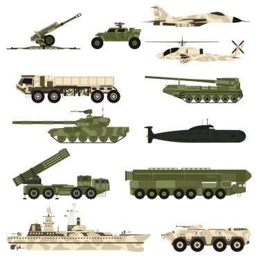 Askeri teknik simge seti ve zırh tankları düz vektör illüstrasyon.
