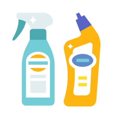 Plastic bottles of cleaning products household chemistry flat vector illustration isolated on white background.