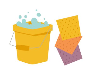 Bucket and cloth for cleaning housework flat vector illustration isolated on white.