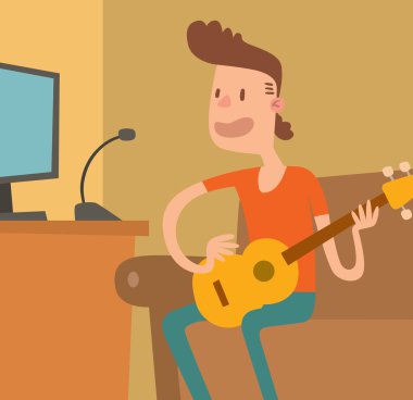 Young musician plays on the electric guitar with bright emotions vector illustration isolated on white background.