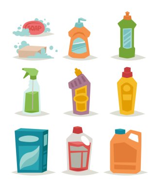 Two plastic spray cleanser bottle with cleaning liquid flat vector illustration.