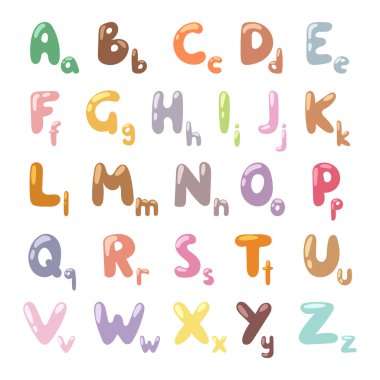 English funny cartoon alphabet vector illustration.