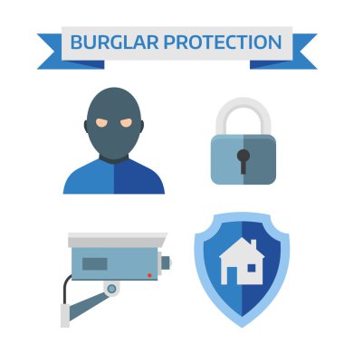 Ev güvenlik simgeleri ile vektör düz tasarım kompozisyon İllüstrasyon.