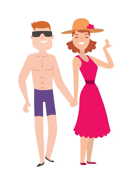 Couple beach man and woman cartoon illustration. — 图库矢量图片