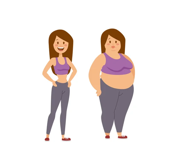 Personagem de desenhos animados de mulher gorda e menina magra, pessoas dieta aptidão . —  Vetores de Stock