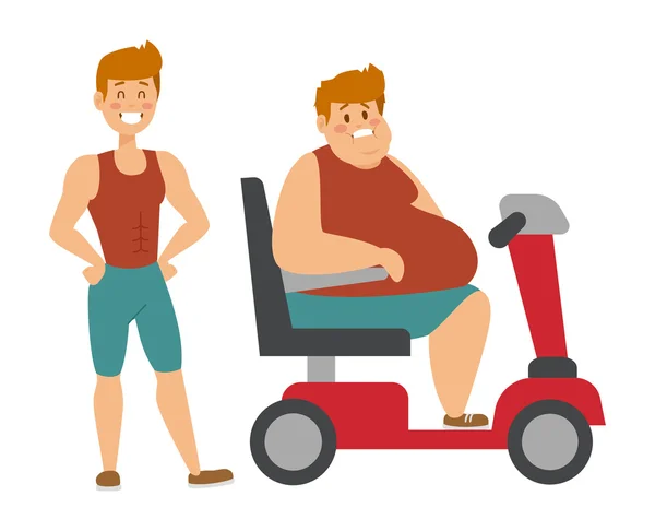 Concepto fitness pérdida de peso hombre gordo y chico de deportes delgados, fatman en una dieta con camión de transporte . — Vector de stock