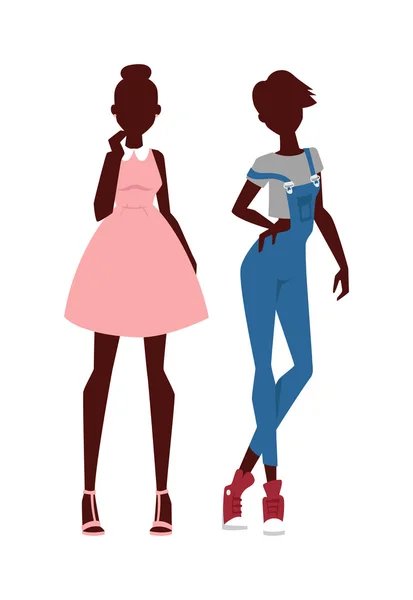 Mode ziet er pure schoonheid twee meisjes gekleurde silhouet platte vectorillustratie. — Stockvector