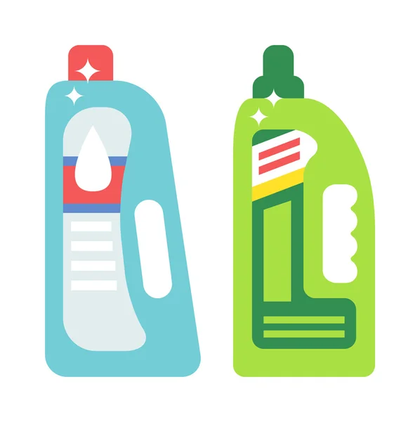 Plastikflaschen von Reinigungsprodukten Haushaltschemie Flachvektor Illustration isoliert auf weißem Hintergrund. — Stockvektor