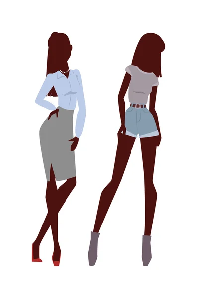 Mode sieht reine Schönheit zwei Mädchen farbige Silhouette flache Vektor Illustration. — Stockvektor