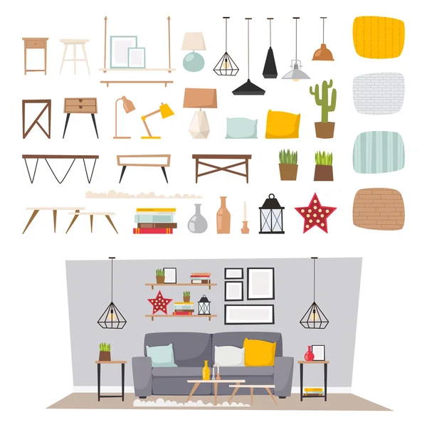 Muebles decoración interior y hogar icono icono conjunto vector plano ilustración . — Vector de stock