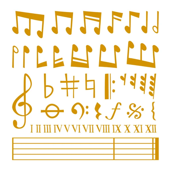Διανυσματικά χρυσά εικονίδια σύνολο μουσική νότα μελωδία σύμβολα διανυσματική απεικόνιση. — Διανυσματικό Αρχείο