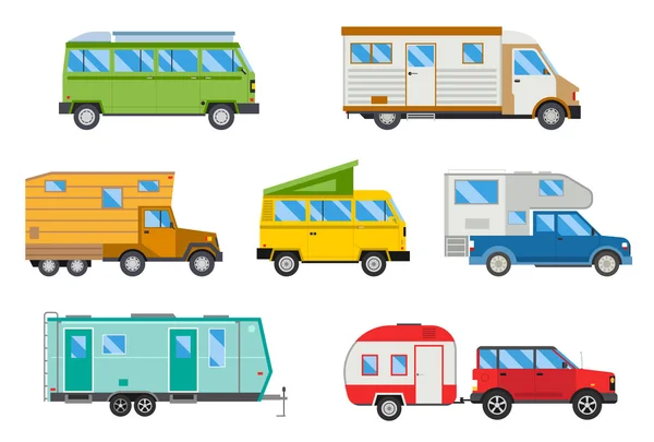 Conjunto de ilustración vectorial de diferentes autocaravanas viajar coche transporte plano . — Vector de stock