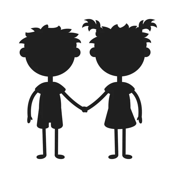 Zwillinge glückliche Kinder Händchen halten schwarze Silhouette Junge und Mädchen Vektorillustration. — Stockvektor