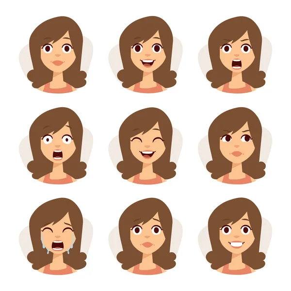 Conjunto aislado de expresiones avatar mujer cara emociones vector ilustración . — Archivo Imágenes Vectoriales