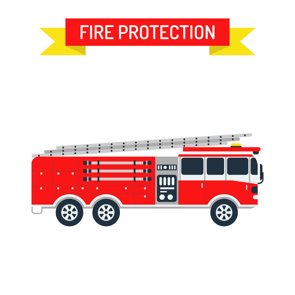 Detailed illustration of fire truck emergency car cartoon vector in a flat style.