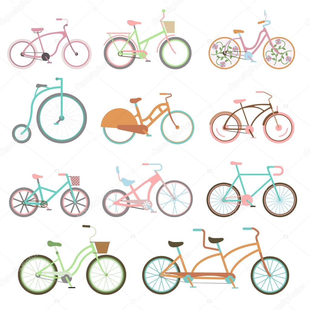 Vintage bicycle set riding bike transport flat vector illustration.
