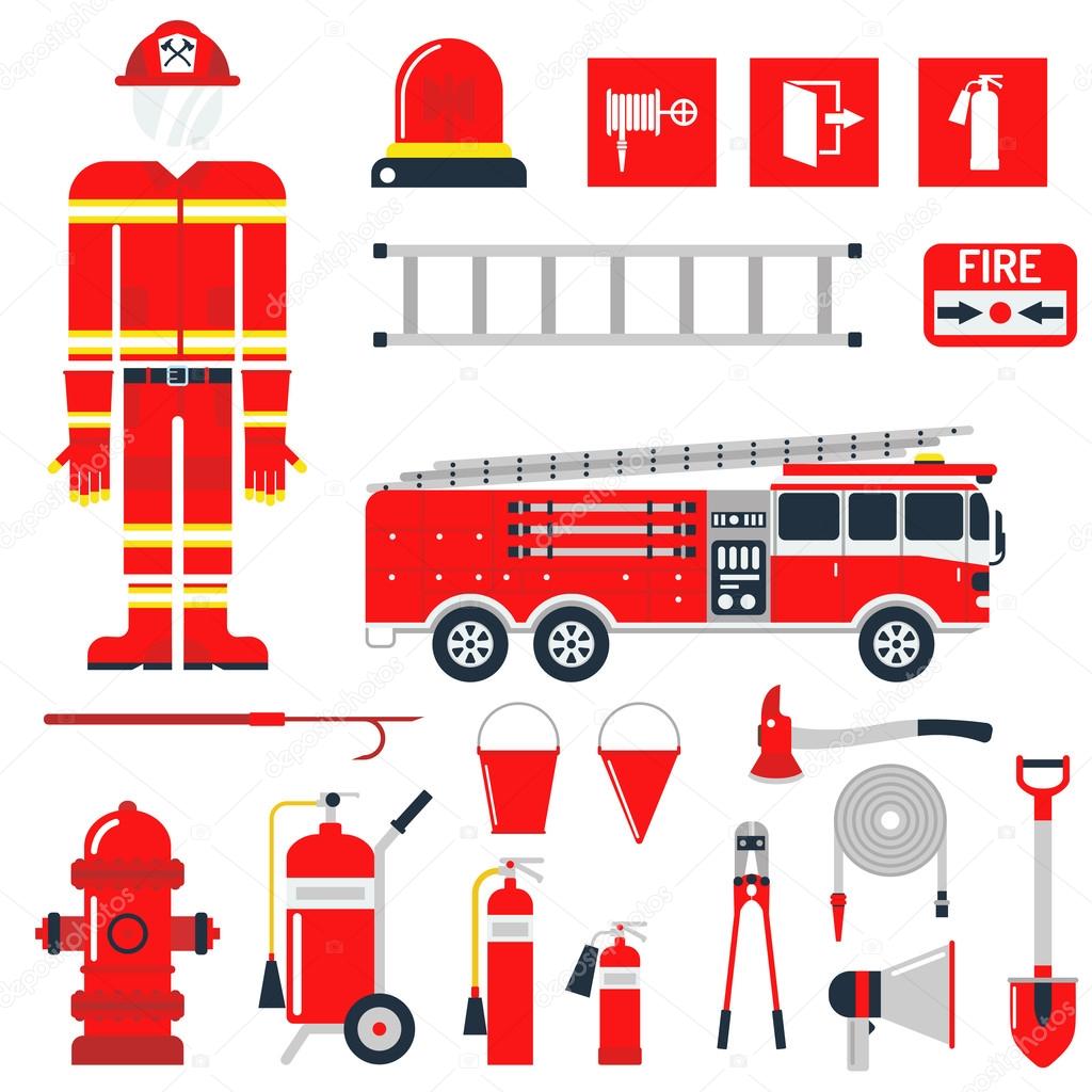 Vector Set Firefighter Fire safety Flat Icons and Symbols.