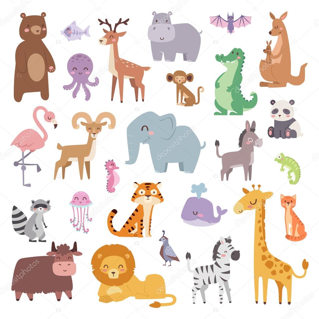 Cartoon zoo animals big set wildlife mammal flat vector illustration.