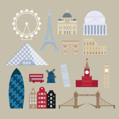 Flat cartoon style historic sight european attractions vector illustration.