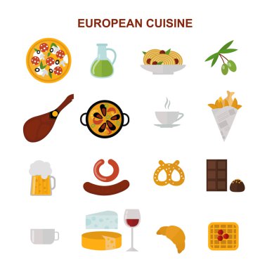 Top view showing European food and delicious elements flat vector illustration.