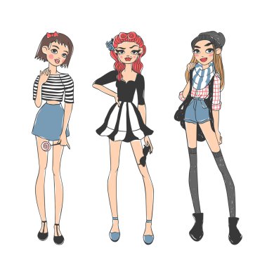 Moda kızlar saf güzellik renkli karikatür kroki düz vektör çizim.