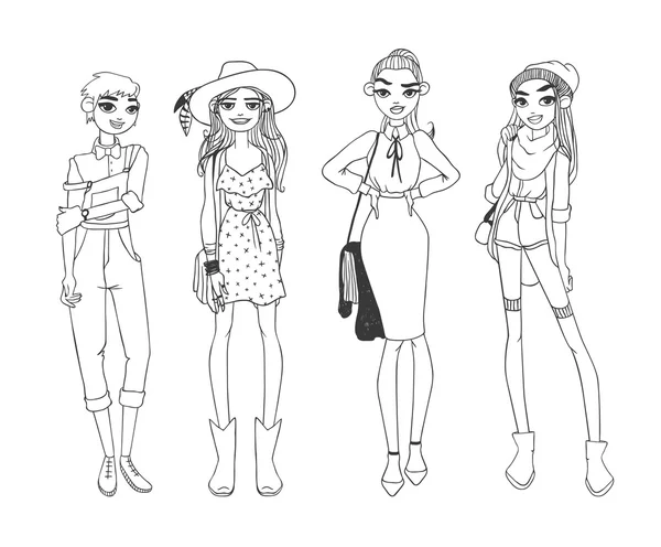 Mode meisjes pure schoonheid gekleurde cartoon sketch platte vectorillustratie. — Stockvector