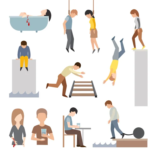 Zelfmoord plegen zelfmoord mensen methoden stok cartoon figuur platte vector iconen. — Stockvector