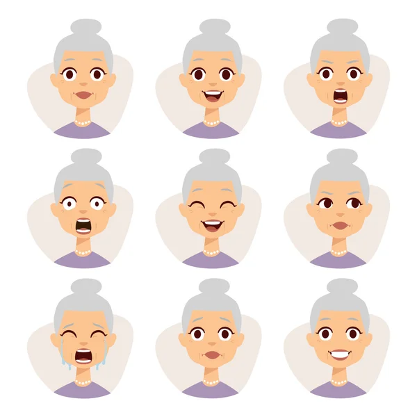 Aislado conjunto de divertido abuelita avatar expresiones cara emociones vector ilustración . — Vector de stock