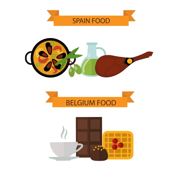 Top view showing European food and delicious elements flat vector illustration. — Διανυσματικό Αρχείο
