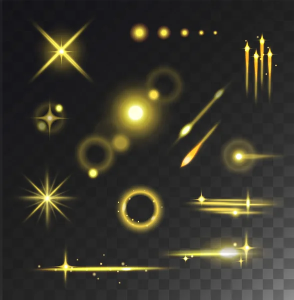 Glowing lights stars glare and glow isolated vector on black transparent background. — Stockový vektor