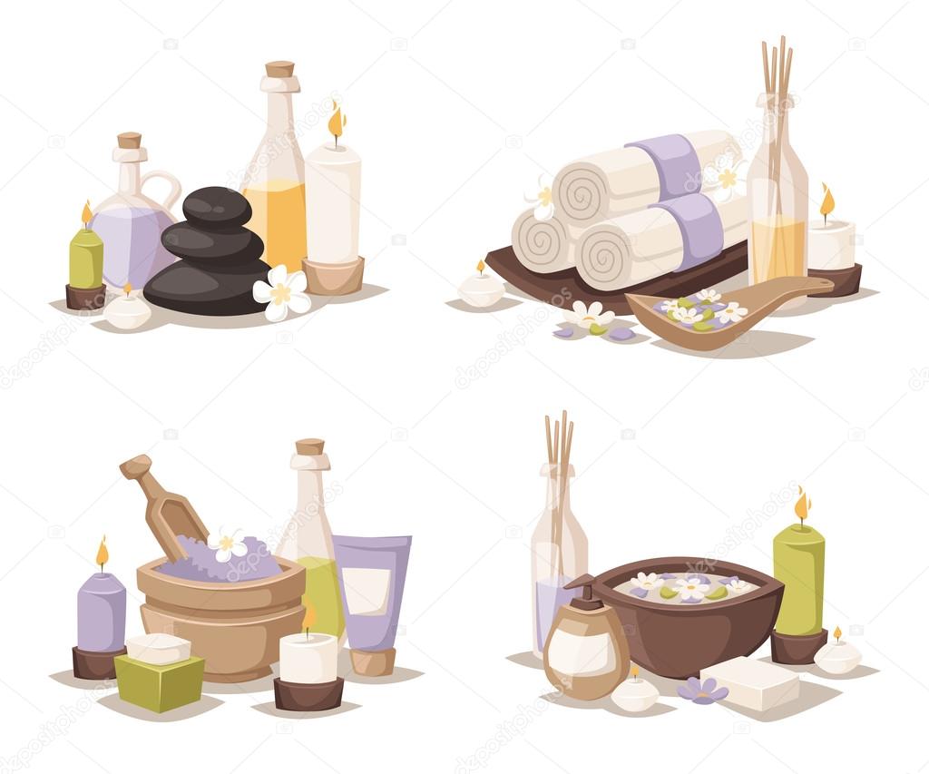 Spa still life icons with water lily and zen stone in serenity pool vector.