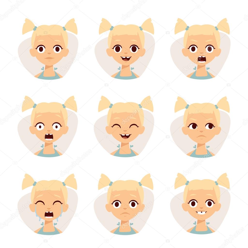 Smiley icons set of cute girls with different emotions vector illustration.
