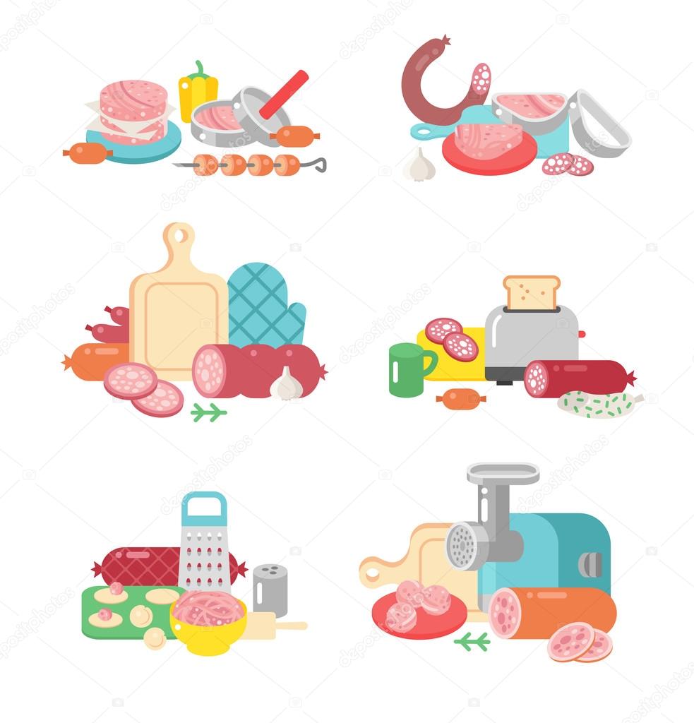 Meat products food preparation flat vector illustration icons.