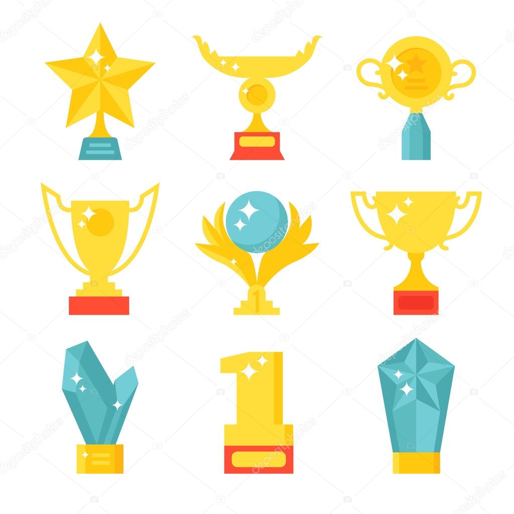 Trophy and awards icons set flat vector illustration.