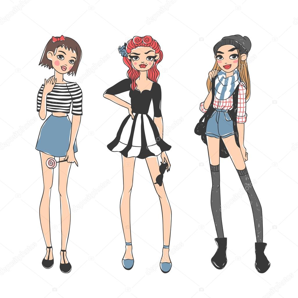Fashion girls pure beauty colored cartoon sketch flat vector illustration.