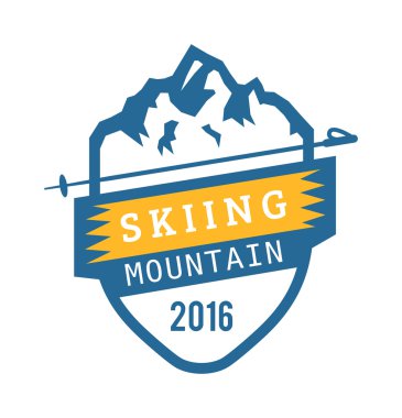 Vektör vahşi doğa ve doğa keşif açık vintage amblemler dağlar, güneş, kayak direkleri siluetleri elemanları.