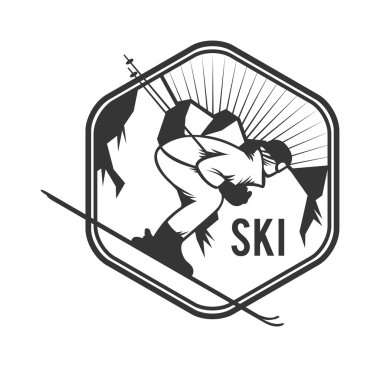 Vektör vahşi doğa ve doğa keşif açık vintage amblemler dağlar, güneş, kayak direkleri siluetleri elemanları.