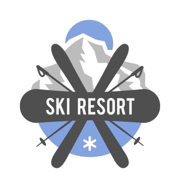 Vektör vahşi doğa ve doğa keşif açık vintage amblemler dağlar, güneş, kayak direkleri siluetleri elemanları.