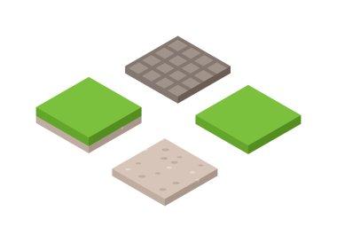 Çim izole vektör ile zemin inometrik arazi kesitinin 3d illüstrasyon.