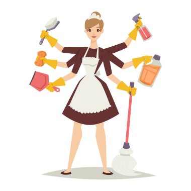 Housewife girl and home cleaning equipment icon in flat style vector illustration. clipart