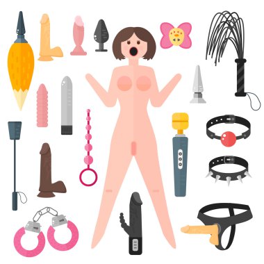 Set yetişkin seksi oyuncaklar ve seks bebek pasion siluetleri vektör.