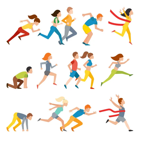 Young couple group running marathon run man sprinting vector. — Stock Vector