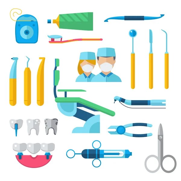 Επίπεδη οδοντιατρικά όργανα Set οδοντιατρικών εργαλείων έννοια φορέα εικονογράφηση. — Διανυσματικό Αρχείο