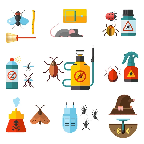 Home pest control expert exterminator service flat icons set with rat and cockroach abstract isolated vector illustration — Stock Vector