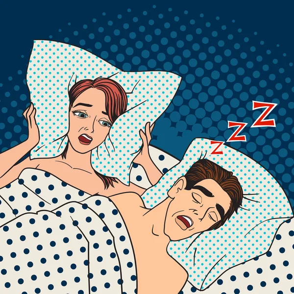 Mujer cubriendo las orejas mientras el hombre ronca en la cama en casa sueño vector problema . — Archivo Imágenes Vectoriales