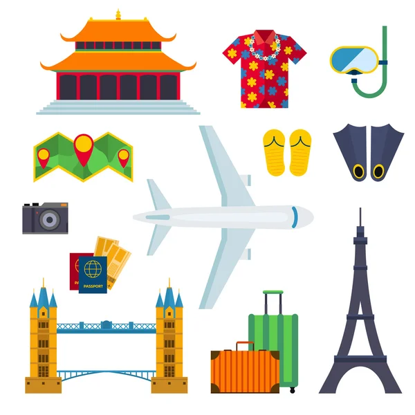 Aeropuerto iconos de viaje vacaciones vector plano ilustración . — Vector de stock