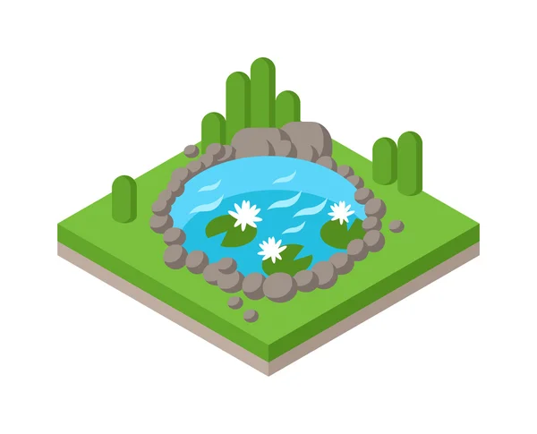 플랫 3D 아이소메트릭 연못 야외 휴가 웹 인포 그래픽 개념. — 스톡 벡터